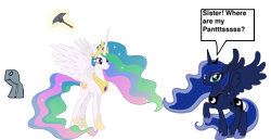 Size: 1919x989 | Tagged: safe, artist:optimusbroderick83, princess celestia, princess luna, alicorn, pony, clothes, crossover, dialogue, duster, lego, pants, parody, reference, simple background, speech bubble, the lego movie, transparent background