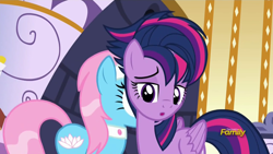 Size: 1280x720 | Tagged: safe, derpibooru import, screencap, lotus blossom, twilight sparkle, twilight sparkle (alicorn), alicorn, pony, castle sweet castle, :o, alternate hairstyle, cute, discovery family logo, female, mane, mare, out of context, punklight sparkle