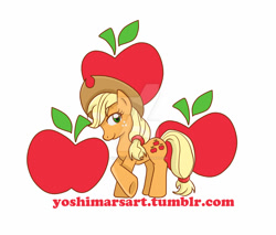 Size: 1024x872 | Tagged: safe, artist:yoshimarsart, applejack, earth pony, pony, apple, crossed arms, crossed legs, cutie mark background, food, solo, watermark