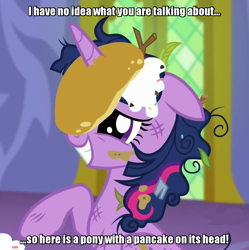 Size: 1068x1072 | Tagged: safe, derpibooru import, screencap, twilight sparkle, twilight sparkle (alicorn), alicorn, pony, castle sweet castle, female, food, horn impalement, i'm pancake, image macro, mare, meme, pancakes