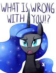 Size: 618x800 | Tagged: safe, artist:negativefox, nightmare moon, alicorn, pony, bronybait, disgusted, female, looking at you, mare, question, simple background, solo, talking, talking to viewer, tsundere, tsundere moon, white background