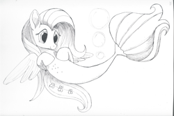 Size: 3507x2353 | Tagged: safe, artist:taurson, fluttershy, seapony (g4), my little pony: the movie, inktober, monochrome, seaponified, seapony fluttershy, solo, species swap, traditional art