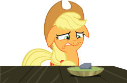 Size: 13899x9107 | Tagged: safe, artist:cyanlightning, applejack, earth pony, pony, .svg available, absurd resolution, floppy ears, food, rock, rock soup, simple background, solo, soup, table, transparent background, vector