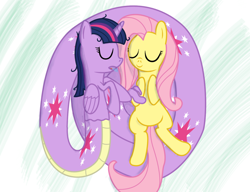 Size: 1300x1000 | Tagged: safe, artist:mightyshockwave, derpibooru import, fluttershy, twilight sparkle, twilight sparkle (alicorn), alicorn, lamia, original species, pegasus, pony, snake, cute, eyes closed, female, lesbian, nap, shipping, sleeping, twilamia, twilight snakle, twishy