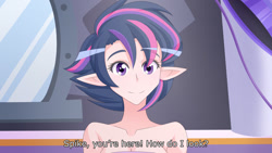 Size: 1280x721 | Tagged: safe, artist:jonfawkes, derpibooru import, twilight sparkle, twilight sparkle (alicorn), alicorn, human, castle sweet castle, alternate hairstyle, cleavage, elf ears, female, humanized, punklight sparkle, scene interpretation, smiling, unicorns as elves