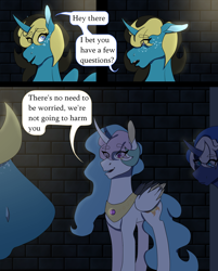 Size: 1768x2196 | Tagged: safe, artist:moonaknight13, princess celestia, princess luna, oc, oc:taylor queen, alicorn, pony, comic:the magic within, dungeon