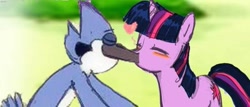 Size: 612x262 | Tagged: safe, artist:kaiamurosesei, derpibooru import, twilight sparkle, 1000 years in photoshop, crossover, crossover shipping, female, kissing, male, mordecai, mordetwi, now kiss, regular show, straight