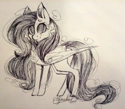 Size: 1024x899 | Tagged: safe, artist:ohsushime, fluttershy, pegasus, pony, monochrome, sketch, solo, tongue out, traditional art