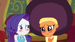 Size: 3000x1687 | Tagged: safe, artist:ktd1993, rarity, saffron masala, equestria girls, afro, blushing, female, lesbian, raffron, shipping