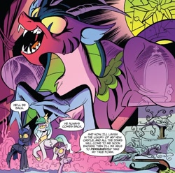 Size: 802x795 | Tagged: safe, artist:andypriceart, idw, cosmos (character), princess celestia, princess luna, twilight sparkle, twilight sparkle (alicorn), alicorn, draconequus, pony, spoiler:comic, spoiler:comic75, female, mare, official comic, possessed, possesstia, speech bubble
