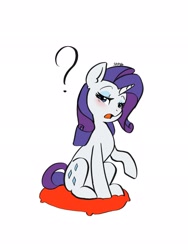 Size: 1536x2048 | Tagged: safe, artist:siripim111, rarity, pony, unicorn, blushing, cushion, cute, ear fluff, female, lidded eyes, looking at you, mare, open mouth, question mark, raribetes, simple background, sitting, solo, white background