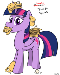 Size: 1156x1438 | Tagged: safe, artist:rapidstrike, derpibooru import, twilight sparkle, twilight sparkle (alicorn), alicorn, pony, castle sweet castle, chocolate chips, female, food, gentlemen, horn impalement, i'm pancake, mare, pancakes, simple background, solo