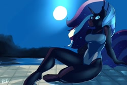 Size: 1280x853 | Tagged: safe, artist:bluecoffeedog, nightmare rarity, rarity, anthro, unguligrade anthro, big hair, breasts, clothes, full moon, long tail, looking at you, moon, night, nightmare raritits, one-piece swimsuit, patreon, patreon reward, poolside, pose, raritits, swimming pool, swimsuit