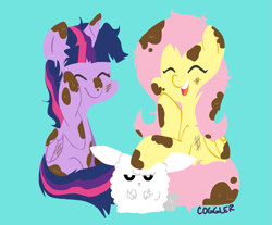 Size: 1099x911 | Tagged: safe, artist:frog&cog, derpibooru import, angel bunny, fluttershy, twilight sparkle, twilight sparkle (alicorn), alicorn, pegasus, pony, castle sweet castle, dirty, female, fluffy angel, mare, mud