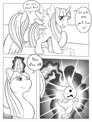 Size: 750x1000 | Tagged: safe, artist:freckles, derpibooru import, angel bunny, fluttershy, twilight sparkle, twilight sparkle (alicorn), alicorn, pegasus, pony, comic:fluffing up, comic, female, magic, mare, monochrome, transformation