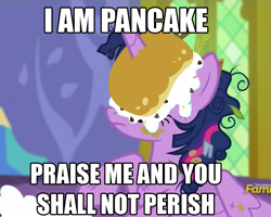 Size: 887x709 | Tagged: safe, derpibooru import, screencap, twilight sparkle, twilight sparkle (alicorn), alicorn, pony, castle sweet castle, female, horn impalement, i'm pancake, image macro, mare, meme, pancakes