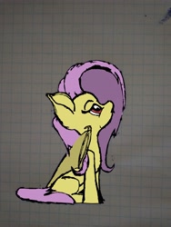 Size: 3120x4160 | Tagged: safe, artist:xmachina, artist:xmachinahot, fluttershy, bat pony, pony, female, flutterbat, graph paper, lidded eyes, looking up, mare, race swap, sitting, solo