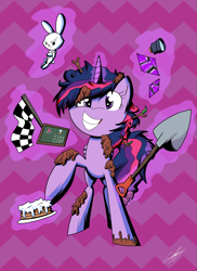 Size: 1586x2176 | Tagged: safe, artist:therandomjoyrider, derpibooru import, angel bunny, twilight sparkle, twilight sparkle (alicorn), alicorn, pony, castle sweet castle, chalkboard, checkered flag, female, flag, food, gem, mare, messy mane, mud, pancakes, procrastination, shovel, whipped cream