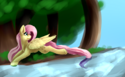 Size: 1400x860 | Tagged: safe, artist:hazardous-jackdawze, fluttershy, pegasus, pony, female, head turn, looking away, looking up, mare, prone, river, riverbank, running, solo