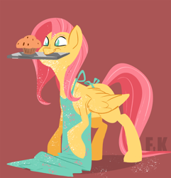 Size: 1600x1658 | Tagged: safe, artist:fluttershythekind, fluttershy, pegasus, pony, apron, clothes, cute, female, flour, food, mare, mouth hold, muffin, shyabetes, smiling, solo