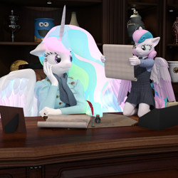 Size: 2000x2000 | Tagged: safe, artist:tahublade7, princess celestia, princess flurry heart, alicorn, anthro, plantigrade anthro, 3d, clothes, daz studio, dress, female, filly, inkwell, mare, mary janes, older, quill, scroll, socks, story in the source, story included