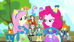 Size: 1366x768 | Tagged: safe, screencap, aqua blossom, blueberry cake, brawly beats, captain planet, crimson napalm, curly winds, fluttershy, microchips, normal norman, pinkie pie, sandalwood, scribble dee, some blue guy, starlight, valhallen, wiz kid, eqg summertime shorts, equestria girls, steps of pep, background human, female, male