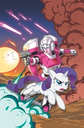 Size: 1341x2047 | Tagged: safe, artist:jack lawrence, idw, rarity, pony, robot, unicorn, spoiler:friendship in disguise, arcee, blaster, clash of hasbro's titans, cover art, crossover, explosion, friendship in disguise, transformers