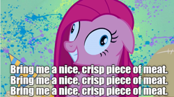 Size: 624x350 | Tagged: safe, edit, edited screencap, screencap, pinkie pie, earth pony, pony, party of one, contemplating insanity, enderal, image macro, meme, pinkamena diane pie, ponies eating meat, text
