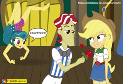 Size: 2026x1392 | Tagged: safe, artist:conikiblasu-fan, applejack, flim, trapeze star, equestria girls, viva las pegasus, ass, barefoot, breasts, clothes, cowboy hat, denim skirt, dialogue, equestria girls-ified, feet, female, flimjack, flower, freckles, hat, heart, leotard, male, necktie, open mouth, pants, performer, rose, shipping, skirt, speech bubble, stetson, straight