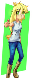 Size: 427x1000 | Tagged: safe, artist:jumboz95, applejack, human, boots, clothes, cute, humanized, jackabetes, pants, smiling, solo, thumbs up