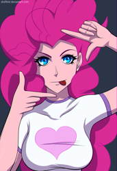 Size: 1006x1471 | Tagged: safe, artist:draftkid, pinkie pie, human, breasts, clothes, female, heart, humanized, looking at you, pinkie pies, shirt, solo, tongue out