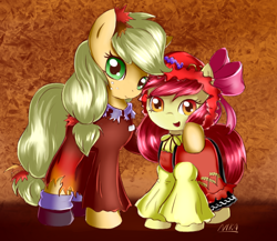 Size: 856x742 | Tagged: safe, artist:nika191319, apple bloom, applejack, earth pony, pony, adorabloom, applejack also dresses in style, clothes, costume, crossover, cute, digital art, dress, jackabetes, minoriko aki, shizuha aki, touhou