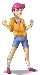 Size: 565x1065 | Tagged: safe, artist:gog-tier, scootaloo, human, 2010s, 2012, clothes, confident, denim shorts, female, fist, humanized, normal skin color, purple hair, shadow, shorts, simple background, smiling, smirk, socks, solo, white background