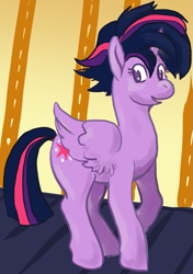 Size: 703x1000 | Tagged: safe, artist:asofterbucky, artist:checkers, derpibooru import, twilight sparkle, twilight sparkle (alicorn), alicorn, pony, castle sweet castle, alternate hairstyle, female, mare, punklight sparkle, smiling, solo