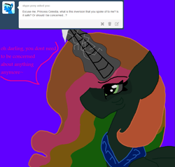 Size: 907x865 | Tagged: safe, artist:eeveeglaceon, princess celestia, alicorn, pony, ask, blue background, color change, darkened coat, devious, female, glowing horn, green eye, implied inversion, implied oc, implied ponified, implied skype, indigo background, inversion spell, invert princess celestia, inverted, inverted colors, inverted princess celestia, jewelry, purple background, rainbow hair, regalia, sidemouth, simple background, solo, tumblr, tumblr:the sun has inverted, violet background, word balloon, word bubble