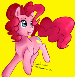 Size: 1504x1560 | Tagged: safe, artist:pandaamanda11, pinkie pie, pony, signature, simple background, solo, yellow background