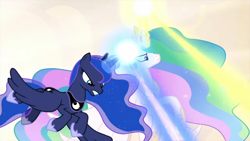 Size: 1280x720 | Tagged: safe, screencap, princess celestia, princess luna, alicorn, pony, the beginning of the end, spoiler:s09, blast, duo, ethereal mane, female, flying, glowing horn, laser, magic, magic beam, magic blast, mare, royal sisters, sisters, starry mane