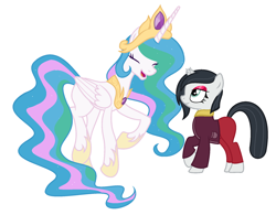 Size: 1933x1505 | Tagged: safe, artist:goth, artist:tersisa, derpibooru exclusive, princess celestia, oc, oc:goth, alicorn, pony, unicorn, alternate accessories, alternate design, base used, broken horn, clothes, horn, missing cutie mark