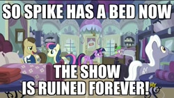 Size: 1280x720 | Tagged: safe, derpibooru import, screencap, bon bon, davenport, royal riff, spike, sweetie drops, twilight sparkle, twilight sparkle (alicorn), alicorn, dragon, pony, castle sweet castle, bed, female, image macro, joke, mare, meme, quills and sofas, ruined forever