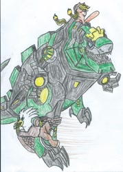 Size: 757x1056 | Tagged: safe, artist:triforce-treasure, applejack, oc, oc:silver quill, earth pony, pony, grimlock, transformers, transformers robots in disguise (2015)