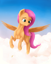 Size: 1600x2000 | Tagged: safe, artist:samum41, fluttershy, pegasus, pony, cloud, female, flying, mare, realistic anatomy, sky, smiling, solo, spread wings, wings