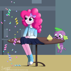 Size: 2000x2000 | Tagged: safe, artist:songbirdserenade, pinkie pie, spike, spike the regular dog, dog, equestria girls, canterlot high, clothes, confetti, cupcake, food, high res, hoodie, sad, skirt, table