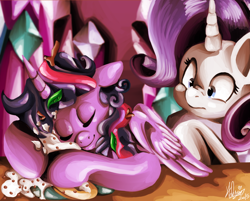 Size: 1024x822 | Tagged: safe, artist:shivall, derpibooru import, rarity, twilight sparkle, twilight sparkle (alicorn), alicorn, pony, unicorn, castle sweet castle, female, mare, pancakes, twilight's castle