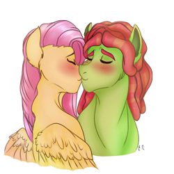 Size: 900x900 | Tagged: safe, artist:anxiousshadowpetals, fluttershy, tree hugger, earth pony, pegasus, pony, blushing, bust, cute, eyes closed, female, flutterhugger, kissing, lesbian, missing accessory, shipping, simple background, transparent background, wings