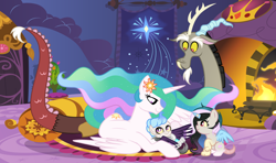 Size: 4800x2848 | Tagged: safe, artist:velveagicsentryyt, discord, princess celestia, oc, oc:asterism, oc:princess sunset, alicorn, hybrid, pony, dislestia, female, interspecies offspring, male, offspring, parent:discord, parent:princess celestia, parents:dislestia, prone, shipping, straight