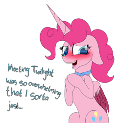 Size: 1280x1339 | Tagged: safe, artist:tomboygirl45, pinkie pie, alicorn, pony, alicornified, ask, blushing, colored wings, dialogue, floppy ears, multicolored wings, pinkiecorn, princessponk, race swap, simple background, smiling, solo, tumblr, white background, xk-class end-of-the-world scenario