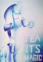 Size: 2833x4055 | Tagged: safe, artist:rsd500, rarity, pony, unicorn, blue, blue color scheme, colored pencil drawing, cup, drawing, drinking, eyes closed, food, magic, pencil drawing, simple background, solo, tea, teacup, telekinesis, traditional art, white background, white fur