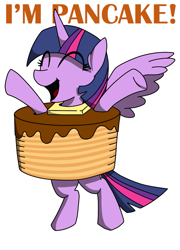 Size: 697x969 | Tagged: safe, artist:wordsandpunctuation, derpibooru import, twilight sparkle, twilight sparkle (alicorn), alicorn, pony, castle sweet castle, bipedal, colored, cute, eyes closed, female, happy, i'm pancake, mare, open mouth, pancakes, smiling, solo, spread wings