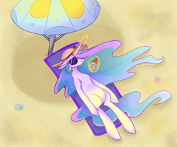 Size: 3000x2500 | Tagged: safe, artist:puddingskinmcgee, princess celestia, alicorn, pony, season 9, spoiler:s09, beach, beach towel, female, hat, mare, solo, sunglasses, umbrella, umbrella drink