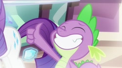 Size: 1920x1080 | Tagged: safe, screencap, rarity, spike, dragon, pony, unicorn, dragon dropped, big smile, gem, smiling, teeth, thumbs up, winged spike